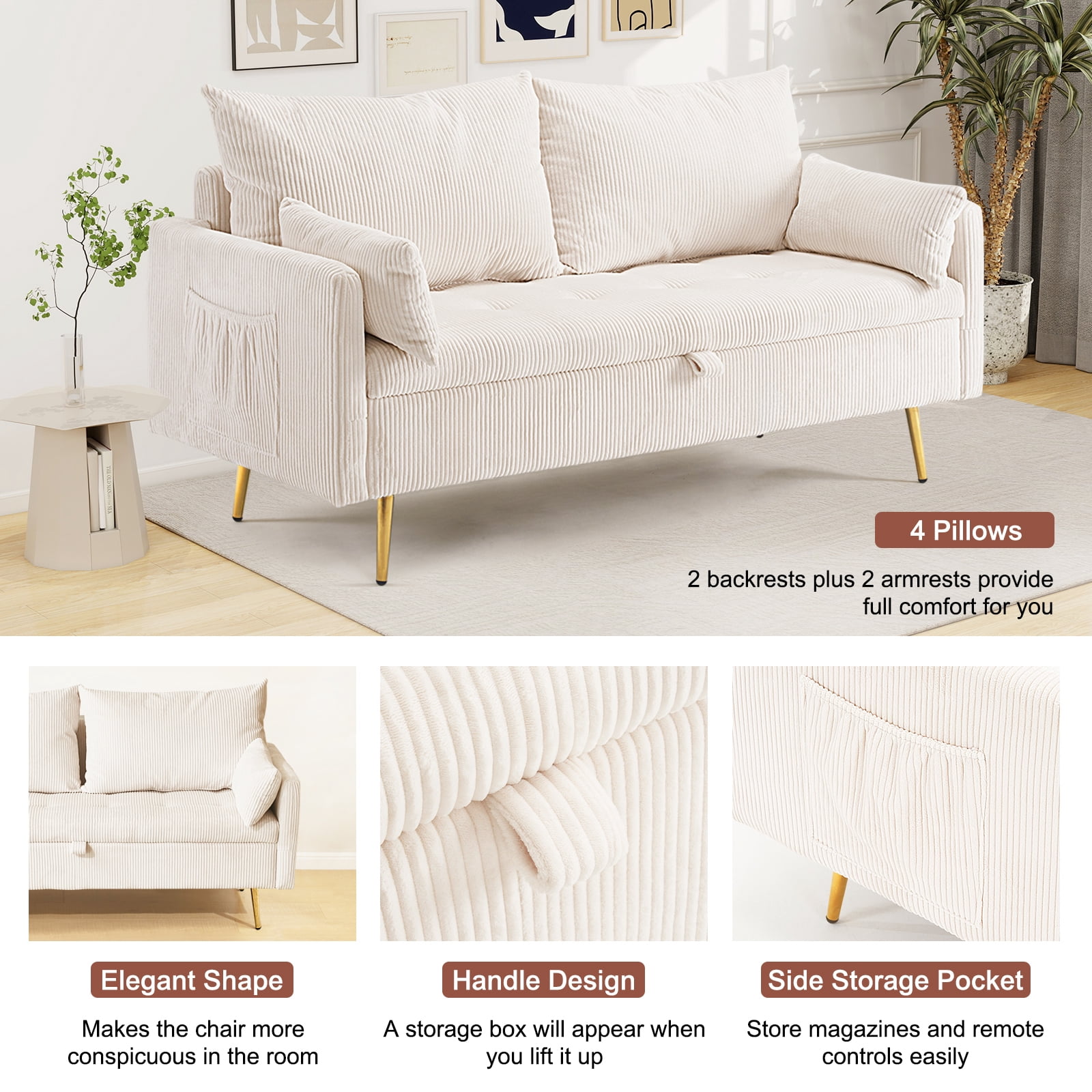 Furniliving Loveseat Sofa with Storage, Modern Upholstered Love Seat, Comfy Sofa Couch for Living Room, Bedroom, Beige