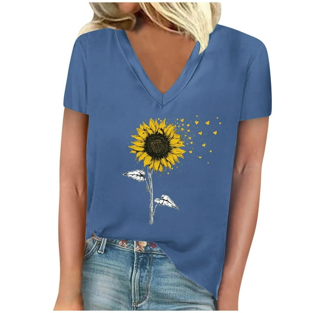 Camisetas de Manga Corta para las Mujeres, Impresión de Cuello en V Camiseta Casual Top Hecho de 95% Poliéster 5% Spandex para el Uso Diario de Primavera Verano, Camisetas para las Mujeres Casual
