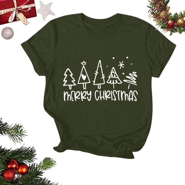 Amzcrzy Hauts d'Été pour Femmes Hauts de Noël Imprimés Col Rond Manches Courtes T-Shirt Haut Manches Courtes Col Rond T-Shirts pour Femmes Hauts Manches Courtes pour Femme