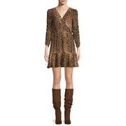 Scoop Ruched Sleeve Ruffle Faux Wrap Mini Dress Leopard Print Women's