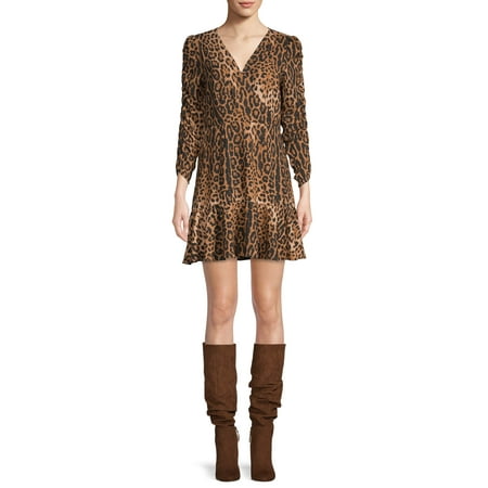 Scoop Ruched Sleeve Ruffle Faux Wrap Mini Dress Leopard Print Women's
