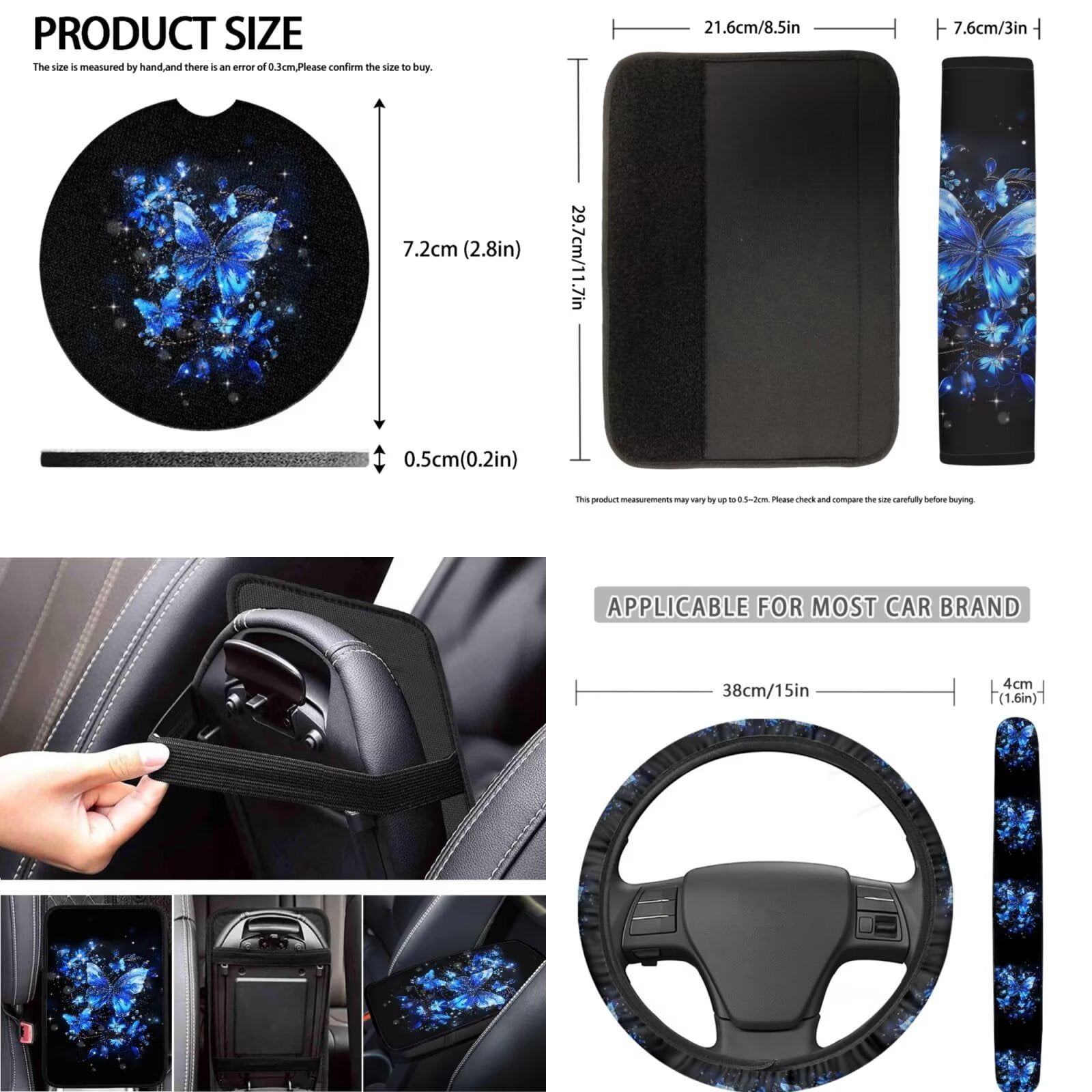 Ledback Butterfly Printed Car Seat Covers Full Set Breathable Car Interior Set Washable Auto Steering Wheel Cover Soft Seat Belt Pads Chapstick Holder Keychain for Women