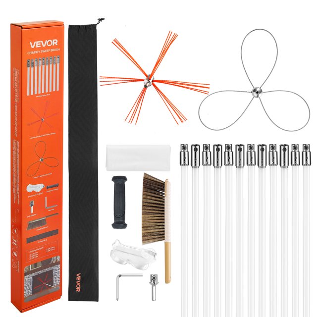 VEVOR Chimney Sweep Kit with a maximum extendable length of 39 ft, featuring dual brush heads, bristle replacements, and durable nylon rods. Includes accessories such as a storage bag, ash brush, connector, hex wrench, swivel socket, dustproof goggles, and a user manual. Designed for cleaning square, rectangular, and arched chimneys, this kit ensures efficient and safe fireplace maintenance with its flexible and adjustable rods and secure spring button locking system.
