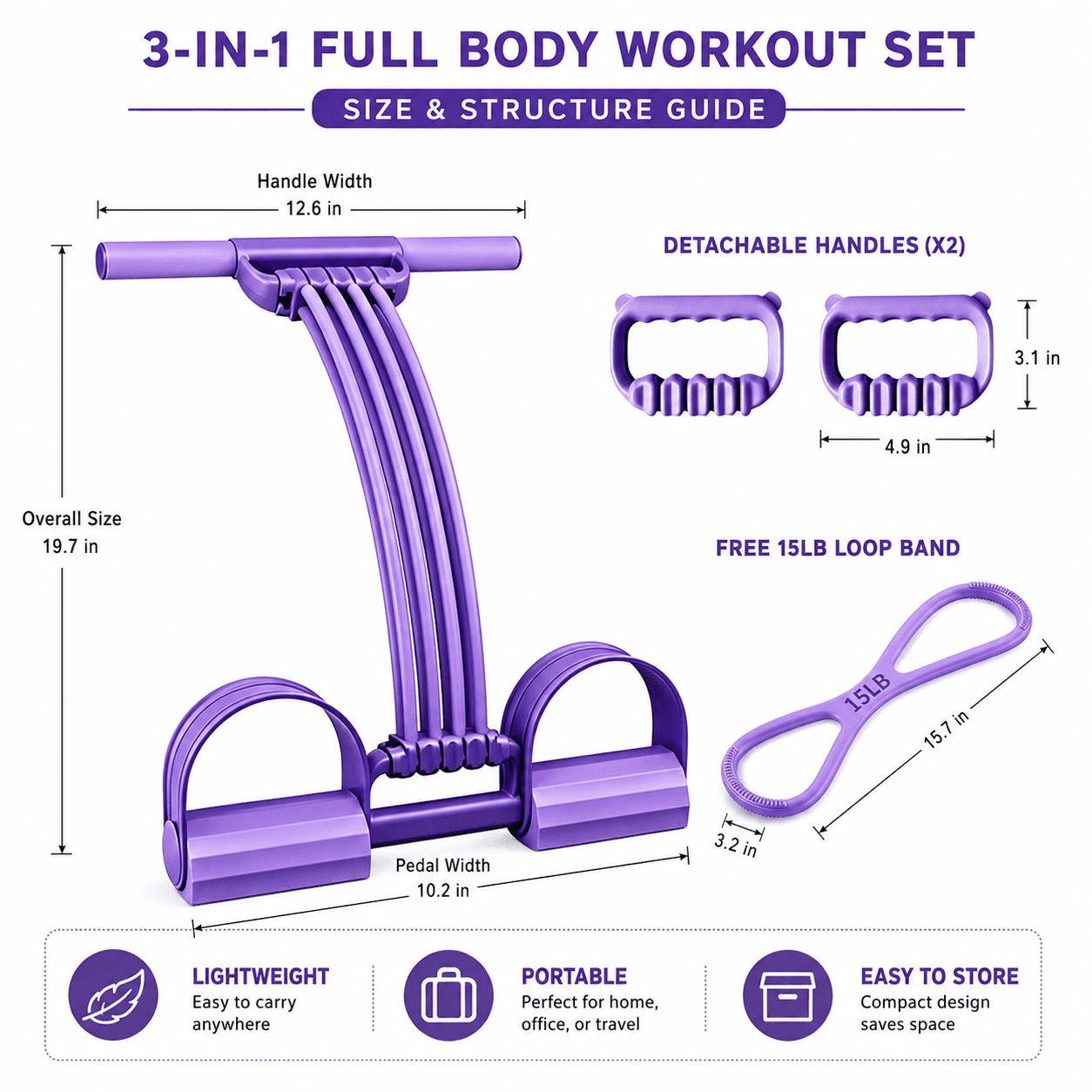 Multifunction Pedal Resistance Band, 8-Tube Exercise Band with Handles & Bonus Resistance Band, 3-in-1 Portable Fitness Trainer for Home Workout, Back Stretch, Foot Pedal Pull & Chest Expand