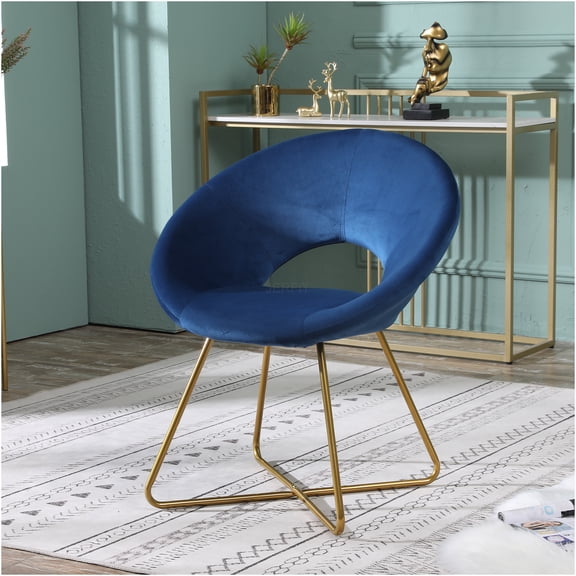 JERFIT Modern Velvet Accent Chair with Gold Base, Mid-Century Blue Upholstered Armchair for Living Room, Bedroom Decor