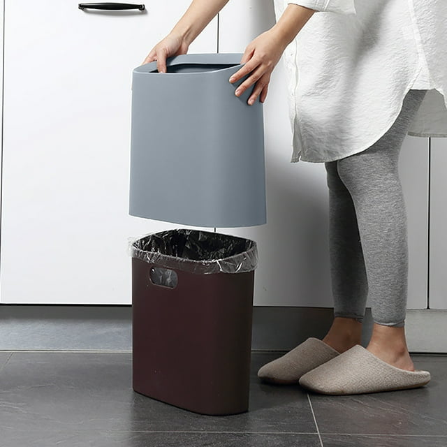 Slim Plastic Recycling Bin, Narrow Waste Basket, Detachable Lid, Modern Design, For Home Office, Small Space, Compact Trash Can, Lightweight Plastic, Multi-Purpose Bin, Bathroom Kitchen Use Akmoler