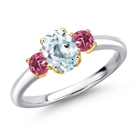 Gem Stone King 925 Silver and 10K Yellow Gold Sky Blue Aquamarine and Pink Tourmaline Engagement Ring for Women | 1.05 Cttw | Oval 7X5MM | Gemstone March Birthstone | Size 6