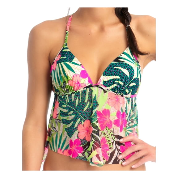CALIFORNIA WAVES Women's Green Tropical Print Stretch Push-Up Braided Back Sheer Flounce Deep V Neck Tie Tankini Swimsuit Top S