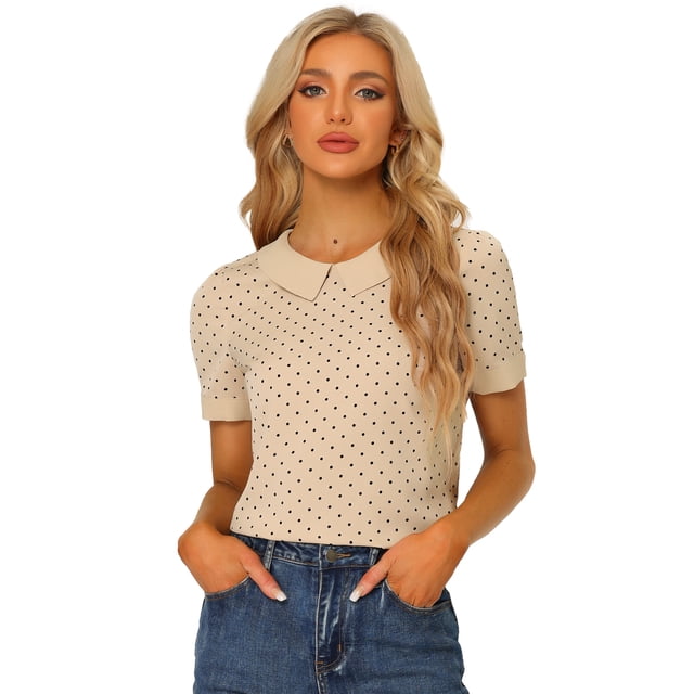 Blusa Camisa Camiseta de lunares de manga corta con cuello Peter Pan de verano para mujer Beige Obscuro L