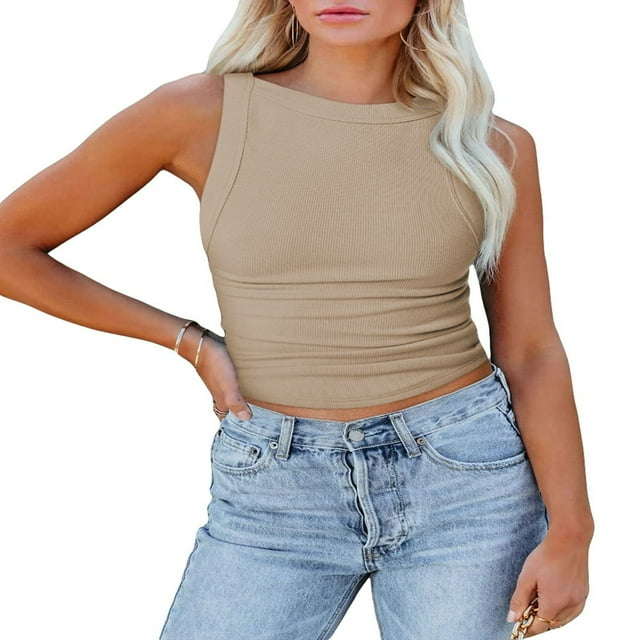 Women Slim Vest Solid Color Knitting Ribbed Irregular Backless Cropped Tank Tops