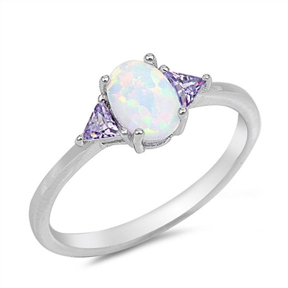Oval Ring Lab Created White Opal Amethyst CZ 925 Sterling Silver Size 4