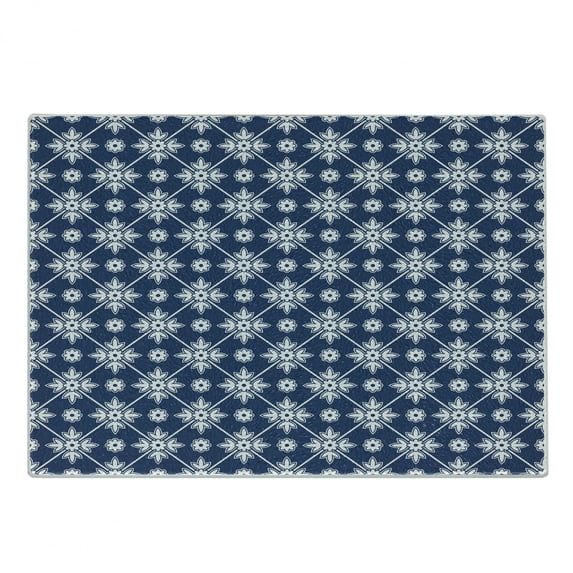 Blue Cutting Board, Checkered Pattern with Abstract Spring Blossoms Folkloric Holland Cultural Pattern, Decorative Tempered Glass Cutting and Serving Board, Small Size, Blue White, by Ambesonne