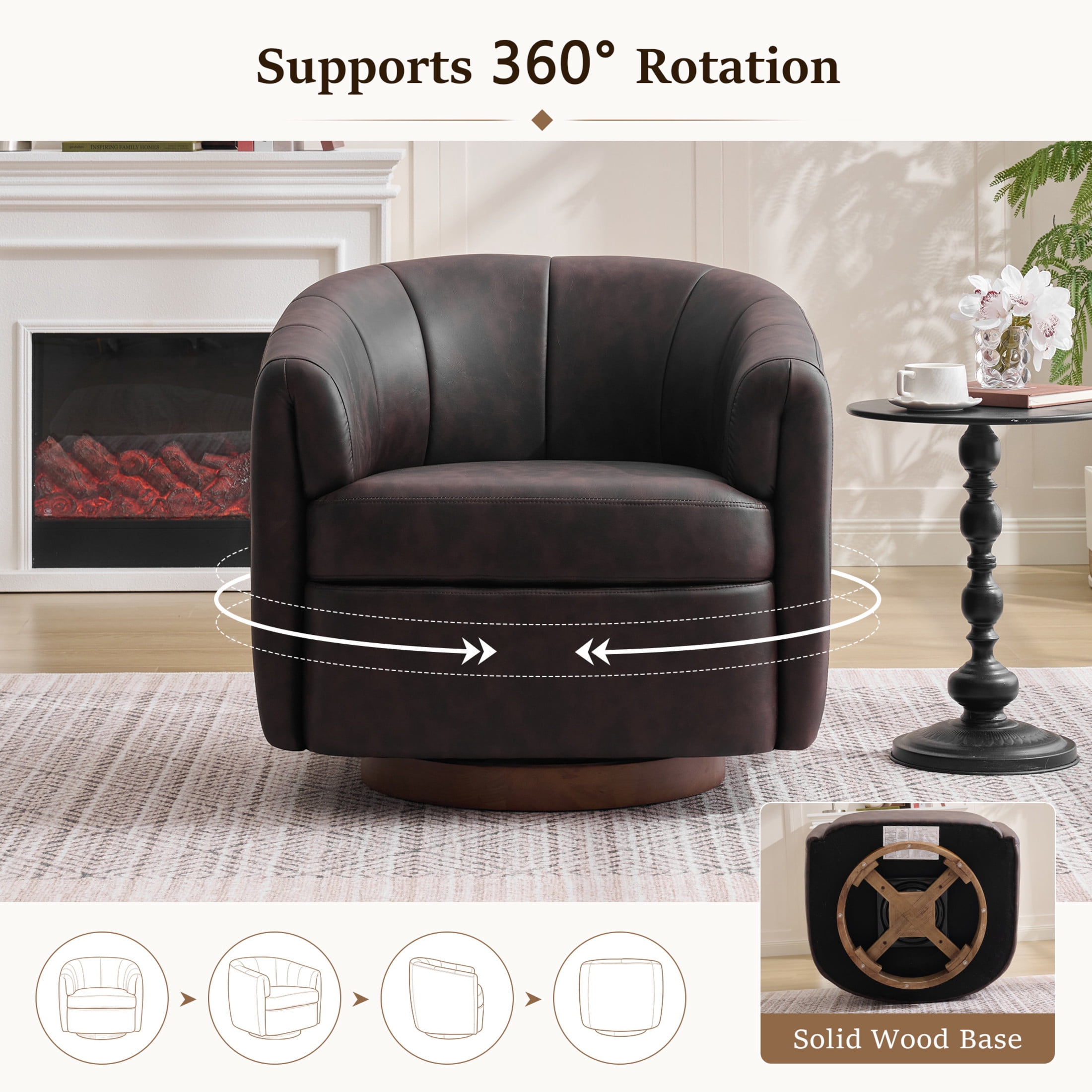 Noble House Swivel Accent Chair with Solid Wood Base, PU Upholstered Armchair for Living Room, Dark Brown