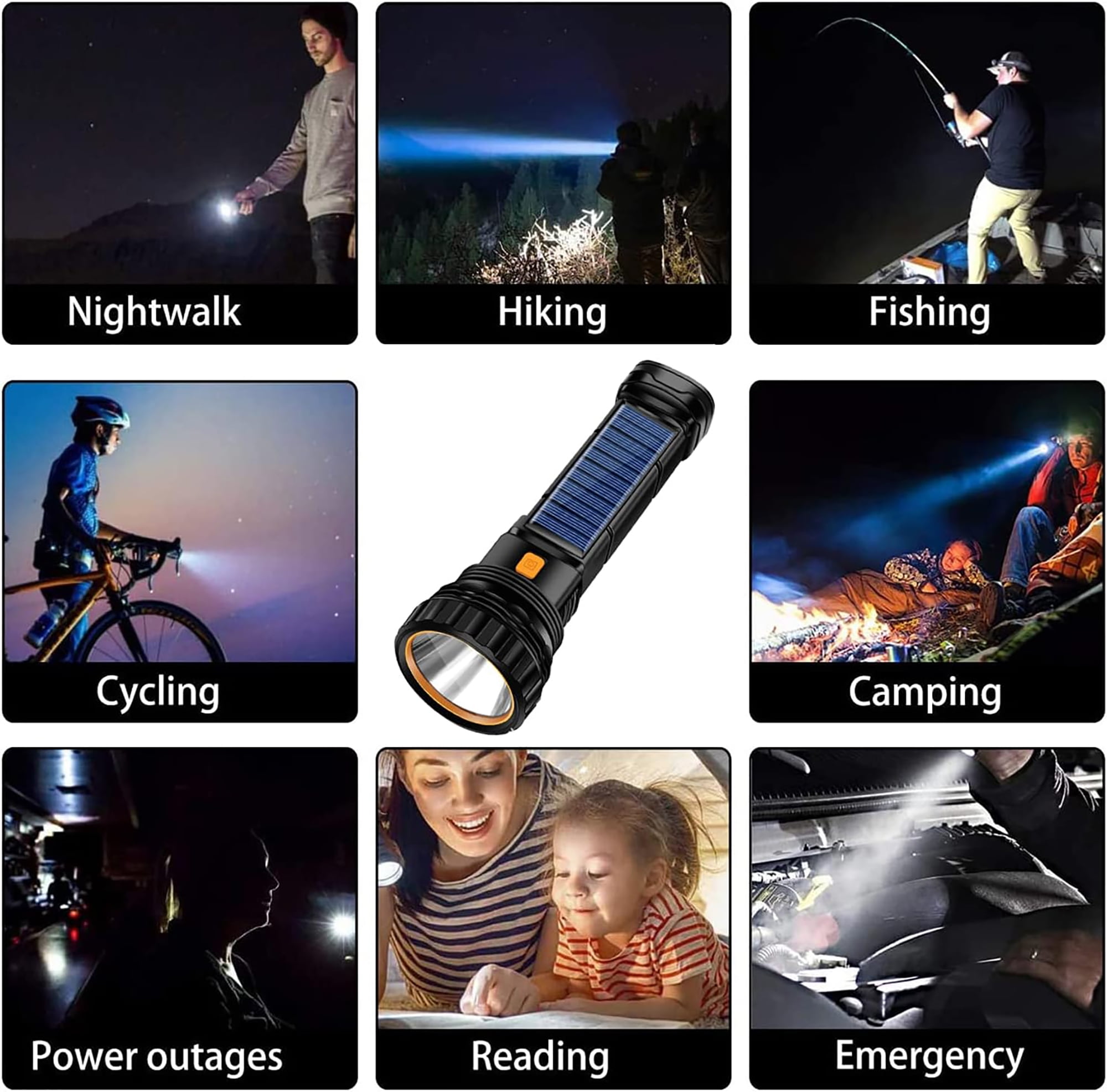 2 Pcs Solar Rechargeable Multi Function 1000 Lumens LED Flashlight, with Emergency Strobe Light and 1200 Mah Battery, Emergency Power Supply and USB Charging Cable, Fast Charging