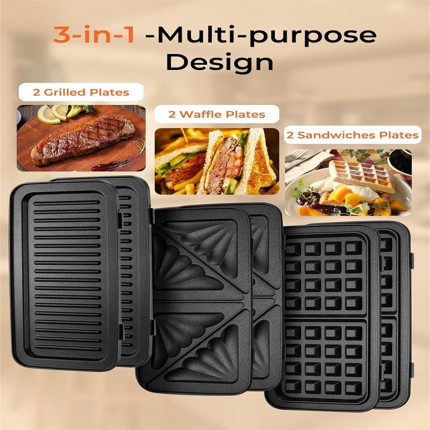 Sandwich Maker, 3 in 1 Waffle Maker with Removable Plates, 1200W Panini Press with Interchangeable Non-Stick Plates, Indicator Lights, 5-gear Temperature Control (Red)