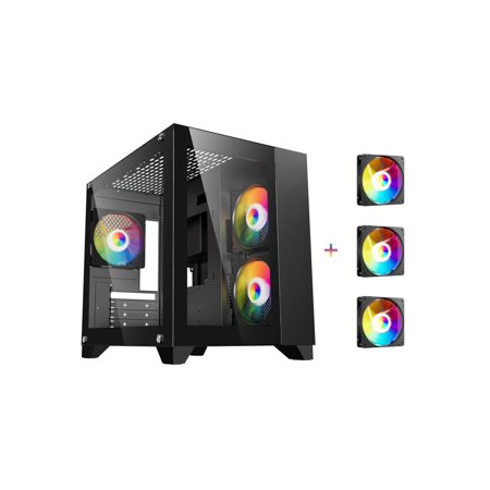 DIYPC ARGB-Q3-BK Black USB3.0 Tempered Glass Micro ATX Gaming Computer Case w/ Dual Tempered Glass Panel and 3 x ARGB Fans (Pre-Installed)