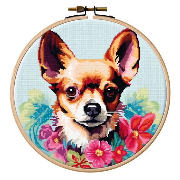 Chihuahua DIY Stamped Cross Stitch Kits for Beginners Easy with Hoop 11CT Needlepoint Embroidery Counted Cross Stitch Kits Art Craft Wall Decor and Gift 35x35cm(3)