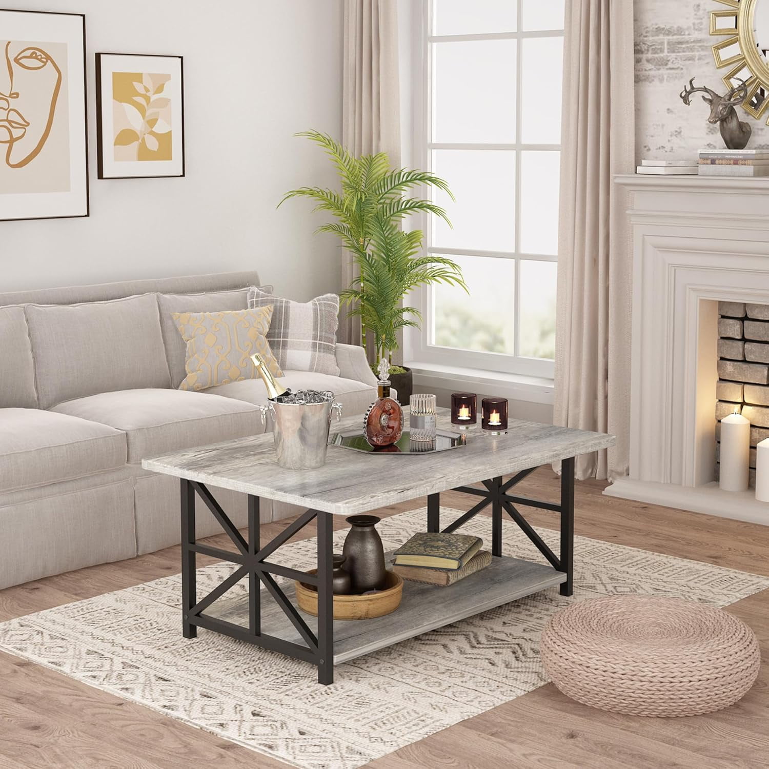 LinkRomat Rectangular Coffee Table with Storage Shelf, 2-Tier Center Table with Rounded Corners for Living Room, Small Spaces, Easy Assembly, Gray