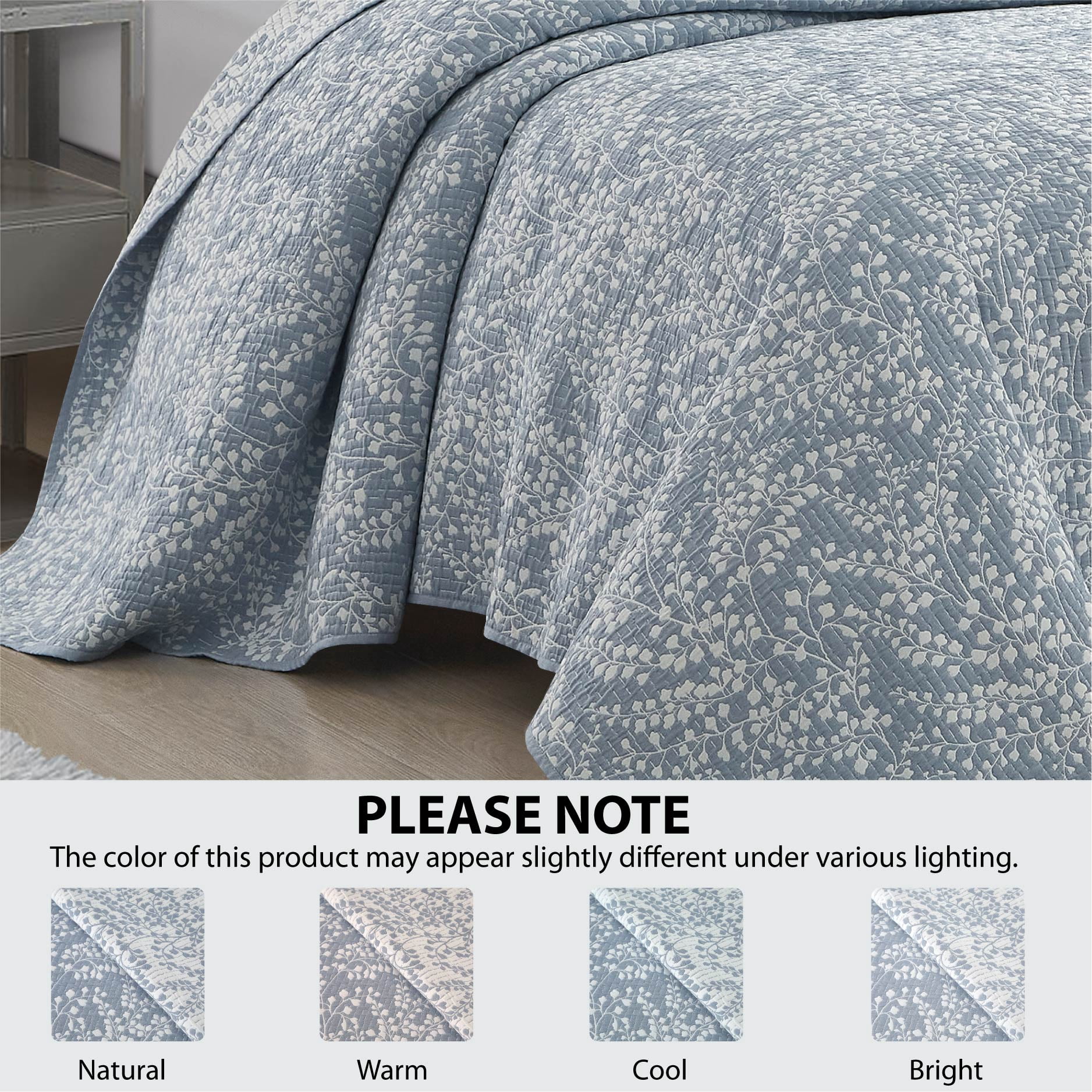 Mainstays Botanical Floral Stitched Quilt, King, Light Blue, Reversible Lightweight Bedding