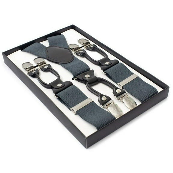 Durable 6-Clips GRAY Charcoal Suspenders in a Box Adult Size GREY Men Women Teens Wedding Formal