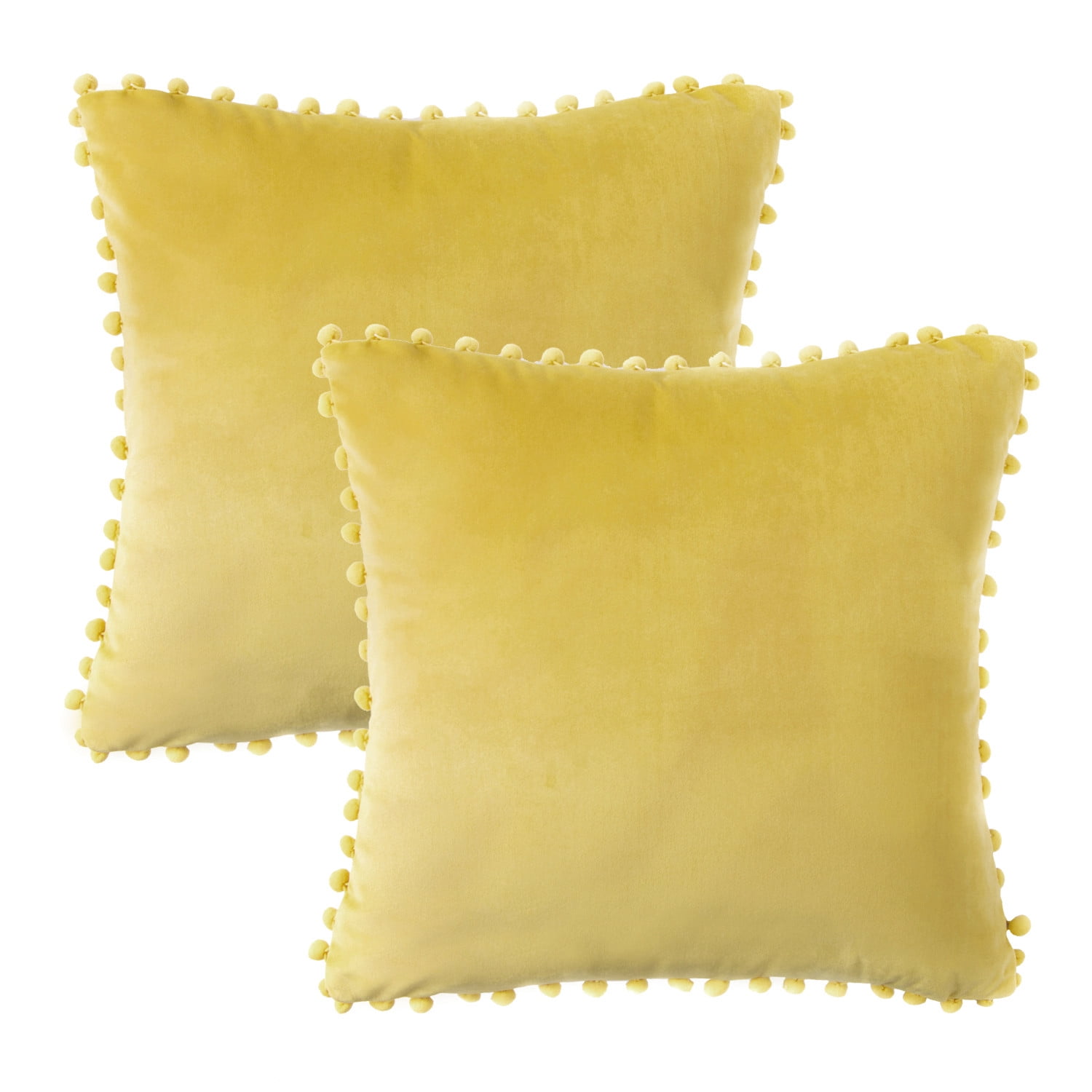 Phantoscope Pom Pom Velvet Series Decorative Throw Pillow, 18" x 18", Yellow, 2 Pack
