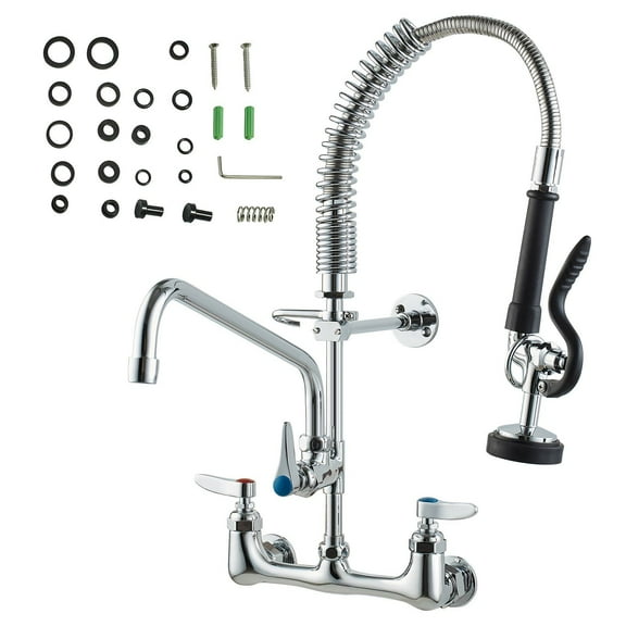 Commercial Wall-Mount Kitchen Faucet with Pre-Rinse Sprayer, 21" Height, 8" Centerset, 12" Swing Spout, Pull-Down Spray, Brass Construction for 1/2/3 Compartment Sinks
