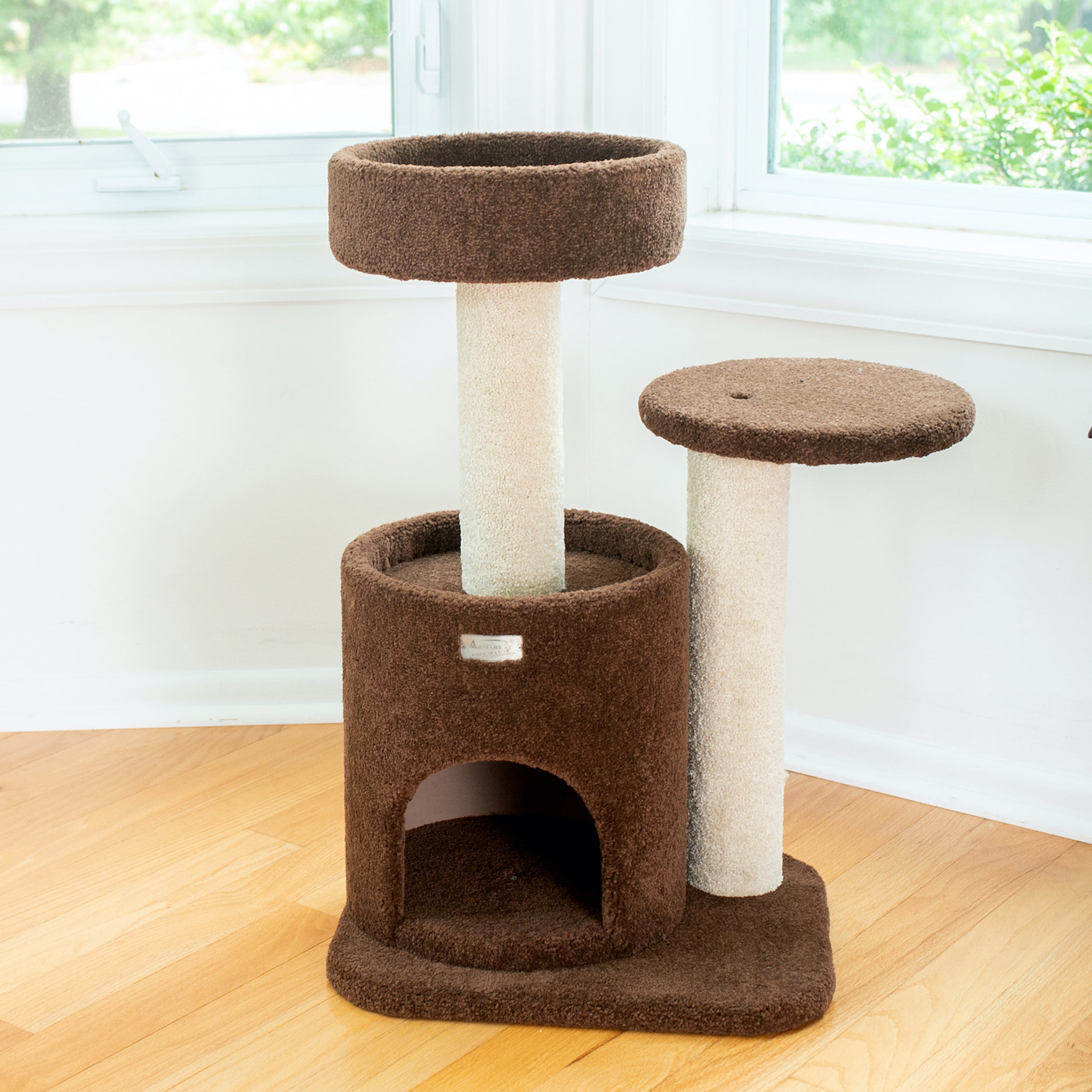 New Cat Condos Scratch And Lounge Cat Tree House Kitty Bed Brown Carpet Wood NEW 