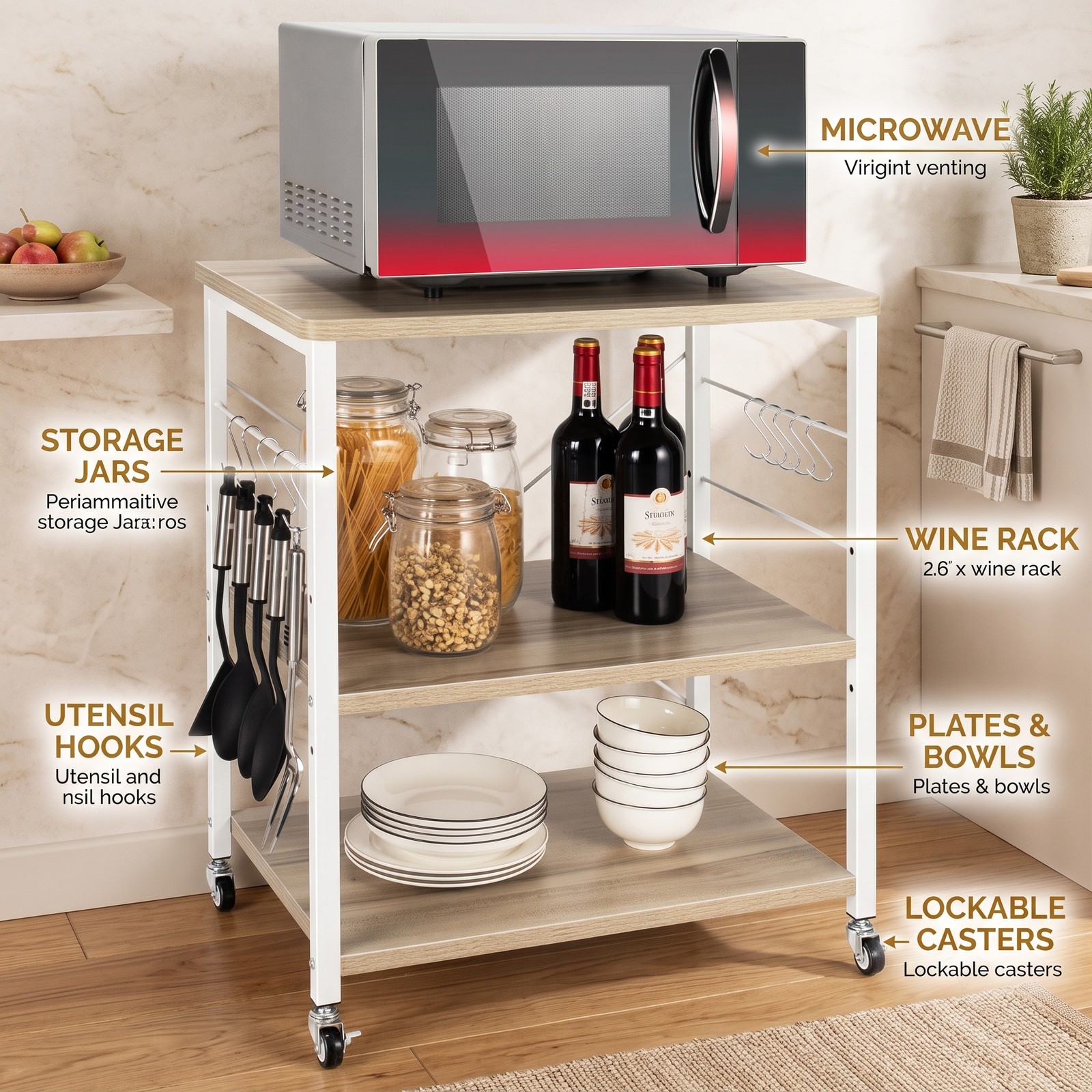 RUIE 3-Tier Kitchen Baker's Rack Microwave Oven Storage Cart with 10 Hooks, 4 Casters and Adjustable Shelf for Coffee Bar Dining Room, Light Brown