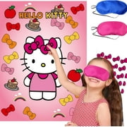 Cute Party Decorations - Hello Kitty Cartoon Party Supplies Include Large Poster with 24 Pcs Stickers, Pin The bow Sticker Party Game for Birthday Favors