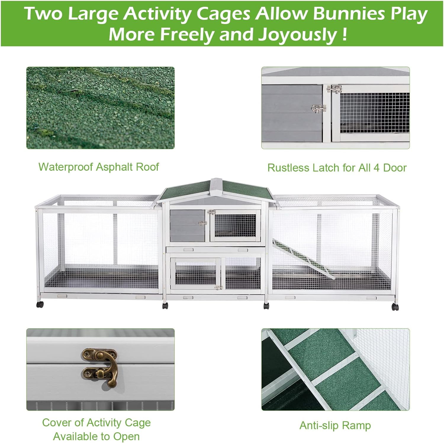 AECOJOY Rabbit Cage Guinea Pig Cage With 8 Wheels 94.5'' Wooden Bunny Cage Hutch with Removable Tray & Anti-Slip Ramp