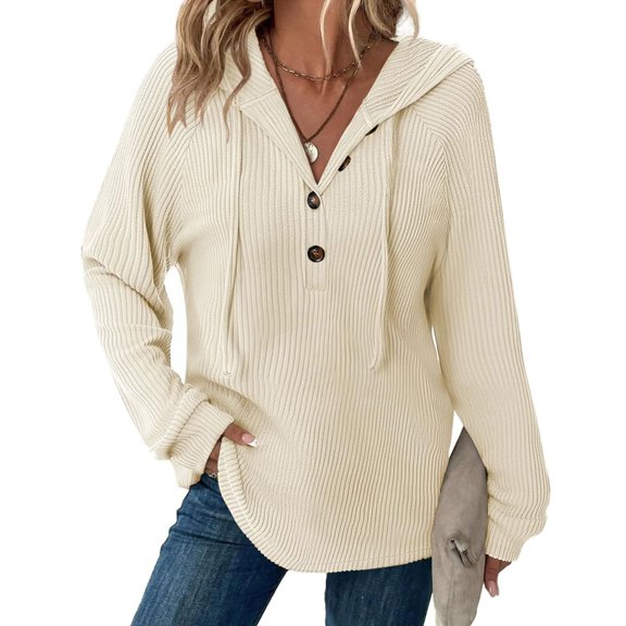 Women's Ribbed Texture Hoodie, Drawstring Hood Sweatshirt with Button Details, Casual Long Sleeve Pullover, Soft Comfortable Sportswear Top, Winter Relaxed Fit Hooded Shirt Beige L