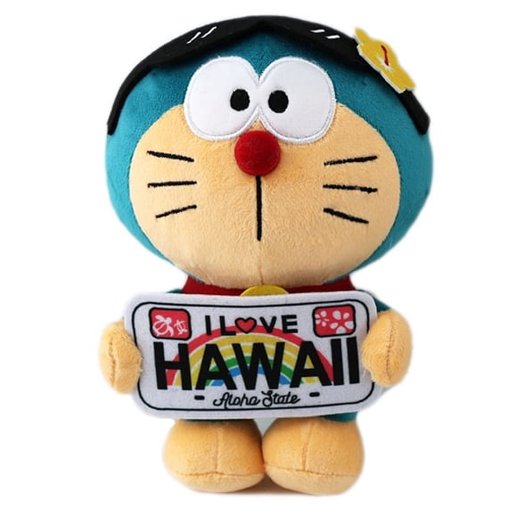 Doraemon Plush Toy, 8 Inch Cute Tropical Tan Stuffed Animal with "I LOVE HAWAII" Sign