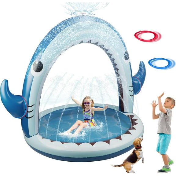 Giant Shark Sprinkler for Kids - Inflatable Water Toys Splash Pad with 360° Spray,4 PCS Plastic Toss Rings,Outside Water Play for Yard,Fun Sprinkler Summer Game Gift Boys or Girls Ages 3-8