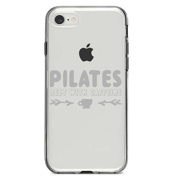 DistinctInk Clear Shockproof Hybrid Case for iPhone 7 8 SE (2020 Model) 4.7" Screen TPU Bumper Acrylic Back Tempered Glass Screen Protector - Pilates Best With Caffeine