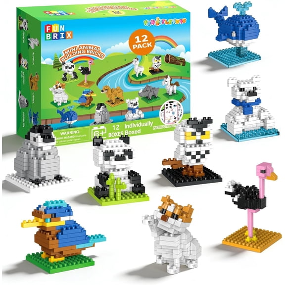 Fun Little Toys 12 Pack Mini Animal Building Bricks, Individually Boxed No Duplicate Sets for Classroom Prizes & Prize Box Rewards,Birthday Gifts for Boys Girls