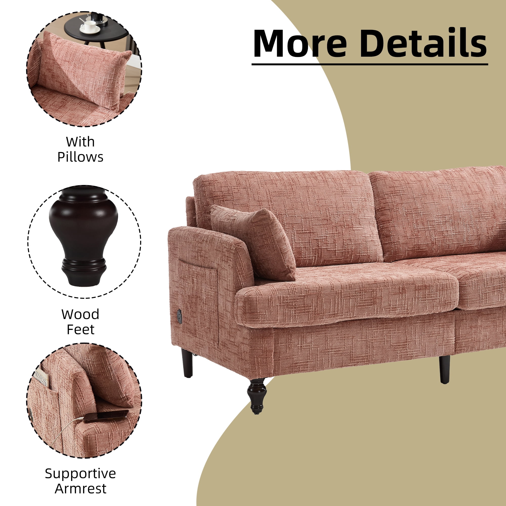 MOONMISS Chenille Upholstered Mid Century Modern Wood Frame Loveseats Sofa with LED light,USB and Side Pocket-Pink