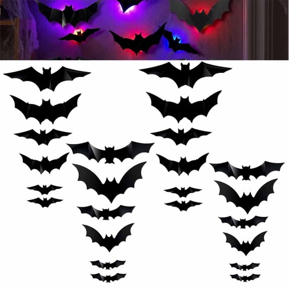 Halloween Decorations,Light Up Bats for Halloween,Lighted 3D Bats Wall Stickers,4 Sizes for Home Decor Indoor Party