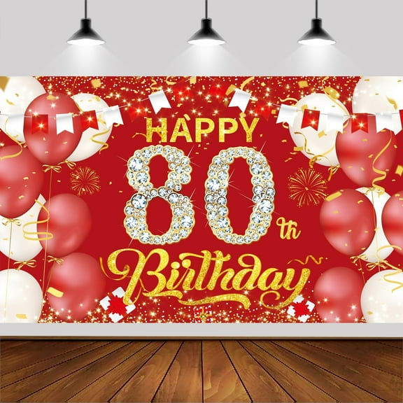 Red Gold 80th Happy Birthday Backdrop,Red Gold Happy Birthday Photography Background Banner