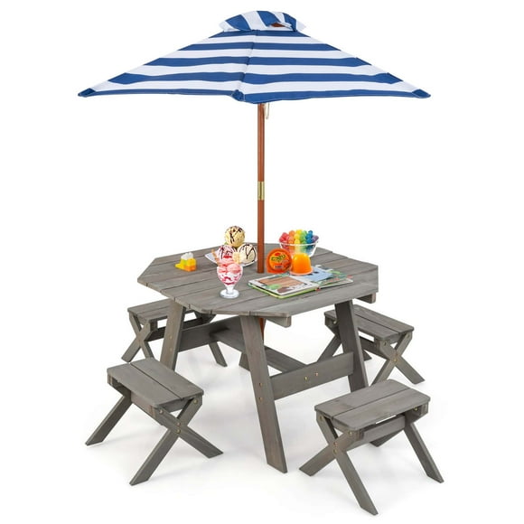 Costway Mesa De Picnic Para Niños, Juego De Mesa Y Silla De Madera Para Niños Con Sombrilla Ajustable En Altura Para 4 Niños, Muebles De Patio Trasero Para Interior Y Exterior, Regalo Para Niños