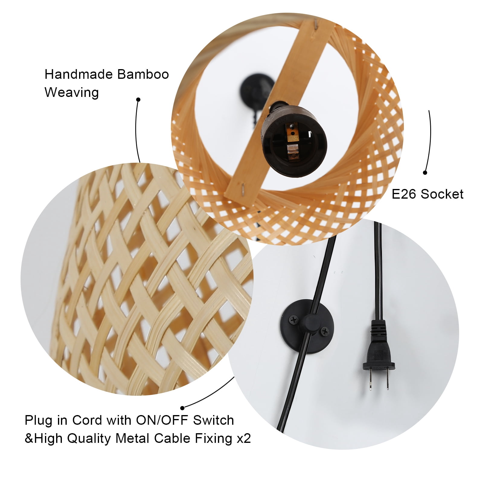 Injak Hand Woven Bamboo Pendant Lighting for Kitchen Island, Plug in Cord Wicker Ceiling Hanging Lamp, Rattan Basket Chandelier Fixture for Living Room Dining Room Restaurant (Cake Lampshape)
