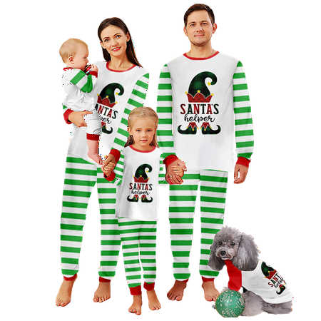 

FUNIER Holiday Family Matching Christmas Pajamas Sleepwear Set Santa Green White Stripe Print Sizes for Adult-Kids-Baby-Pet 2 Pieces Top and Pants Bodysuits Unisex Pajamas Sets