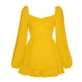 thumbnail image 6 of Blczomt Plain Dresses Women Yellow Puff Sleeve Mini Flowy Dress Double Layer Square Neck Ruffle Dresses, 6 of 7
