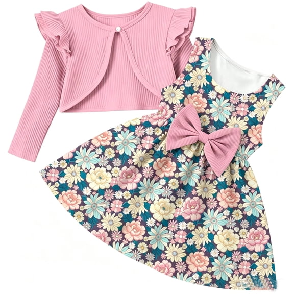 Aideaone Toddler Girls Dress Sleeveless Floral with Ruffle Cardigan 2 Piece Outfit Set 2-6T