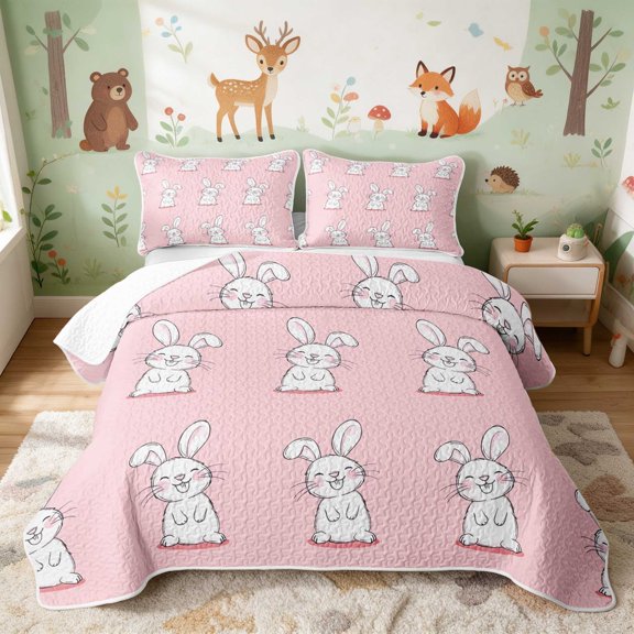 Erosebridal Bunny Twin Quilt Set for Girls, Happy Faces Twin Coverlet Set, 2-Piece 1 Bedspread and 1 Pillowcase