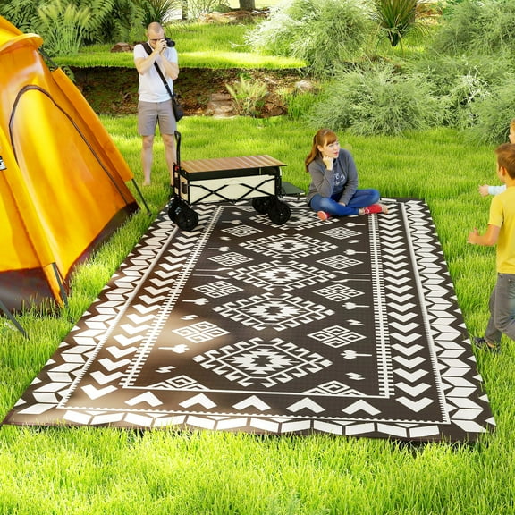 Outsunny Outdoor Patio Rug, Large Camping Carpet with Carrying Bag, 9' x 18' Waterproof Plastic Straw, Reversible, Black & White Rhombus Patchwork