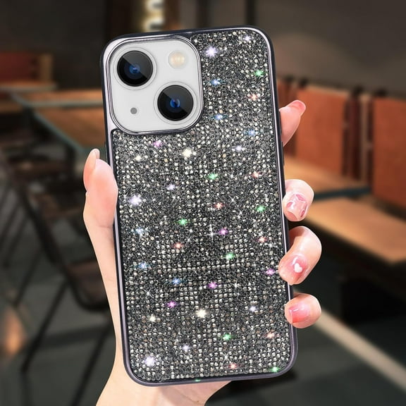 Compatible with iPhone 15 Plus Bling Diamond Case Glitter for Women 3D Rhinestone Crystal Shiny Sparkly Protective Cover with Electroplate Plating Bumper Luxury Fashion Case Black