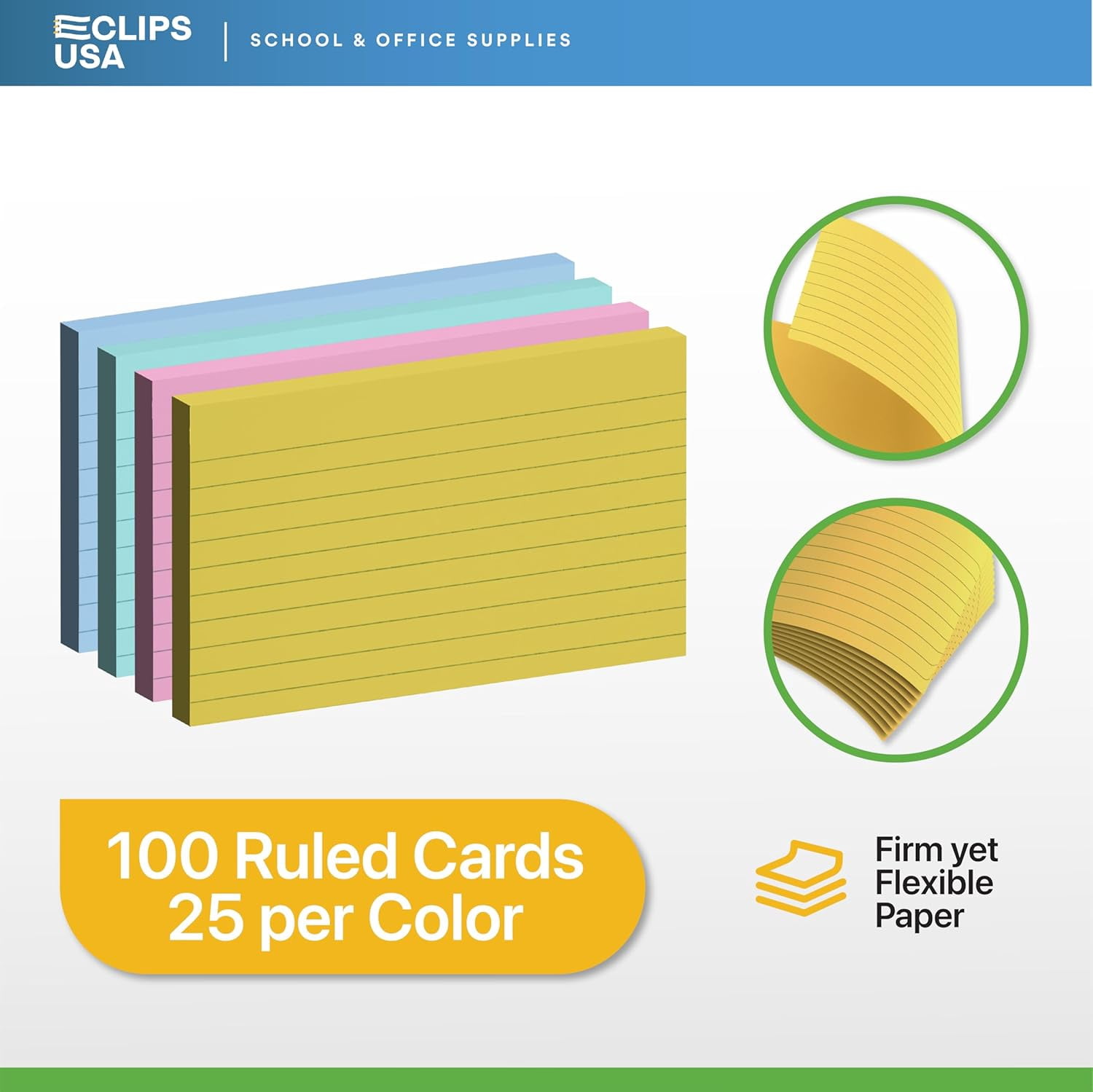 E-Clips USA 3” x 5” Index Cards Assorted Pastel Flashcards, 12-Pack (100 Cards Per Pack)