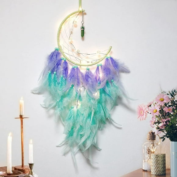 CPDD Moon Dream Catcher with Fairy Lights-Handmade Feather Lucky Turquoise Pendant Beads Wall Hanging Ornament for Kids Bedroom Home Decoration ,Art Craft Gift. ( Sky Blue )