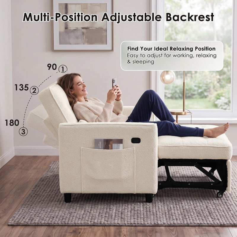 Anpport 54" 3‑in‑1 Convertible Sofa Bed, Towel Fabric, 3‑Position Adjustable Backrest with USB Charging Ports, for Living Room, Apartment, Beige