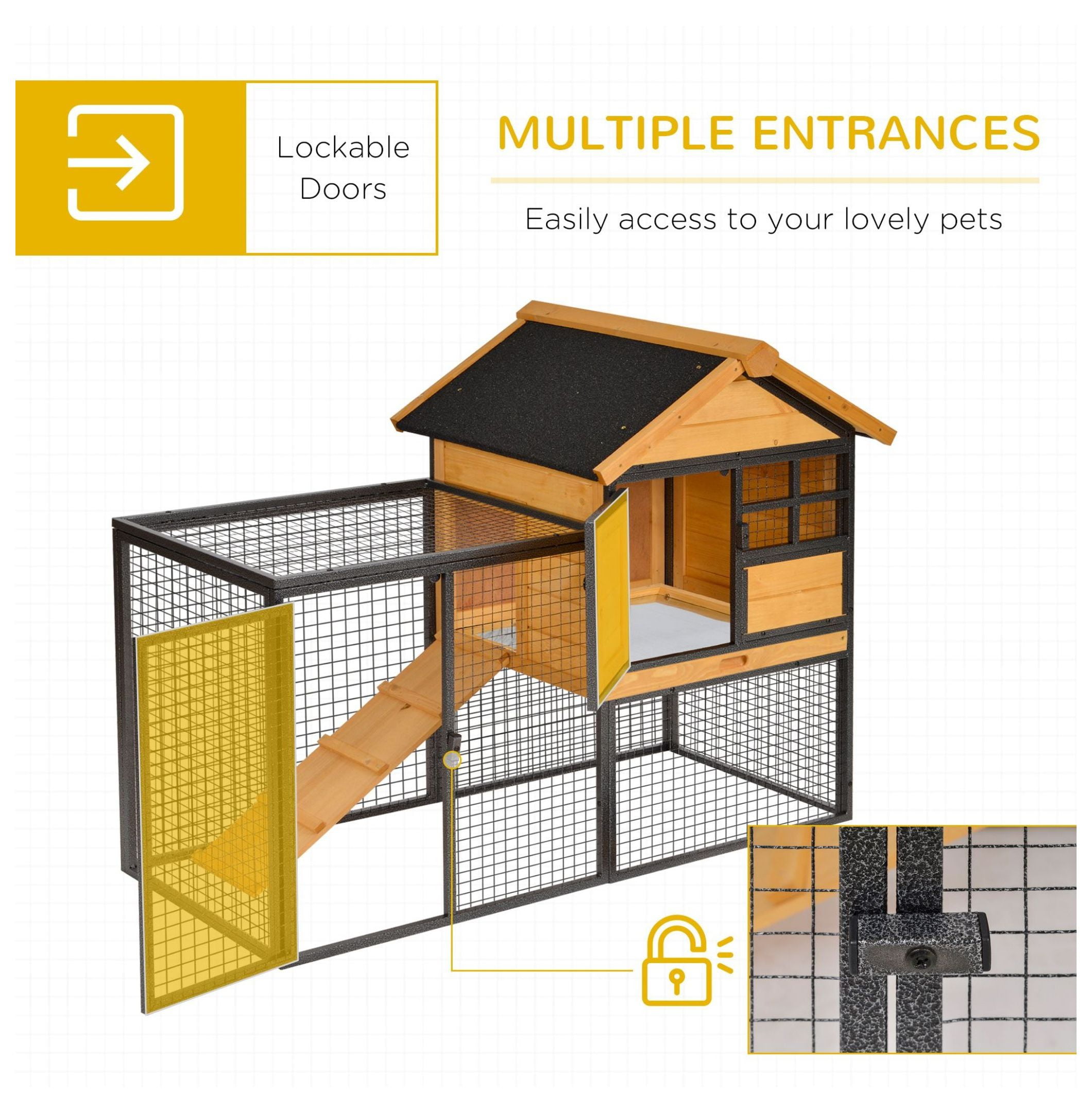 2-Level Rabbit Hutch Bunny Cage, Elevated Pet House with Weatherproof Hinged Asphalt Roof, Removable Tray & Ramp for Outdoor, Natural